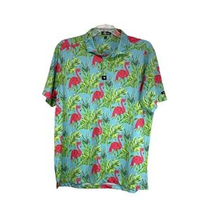 Bad Birdie Flamingo Print Golf Blue Polo Men Size XL